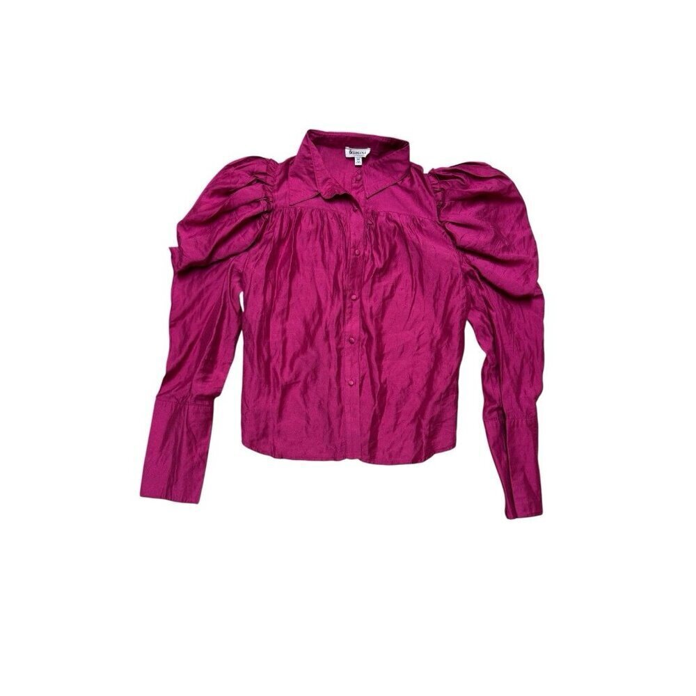 &merci Puff Sleeve Blouse M Pink Tencel Button Front Cropped Top